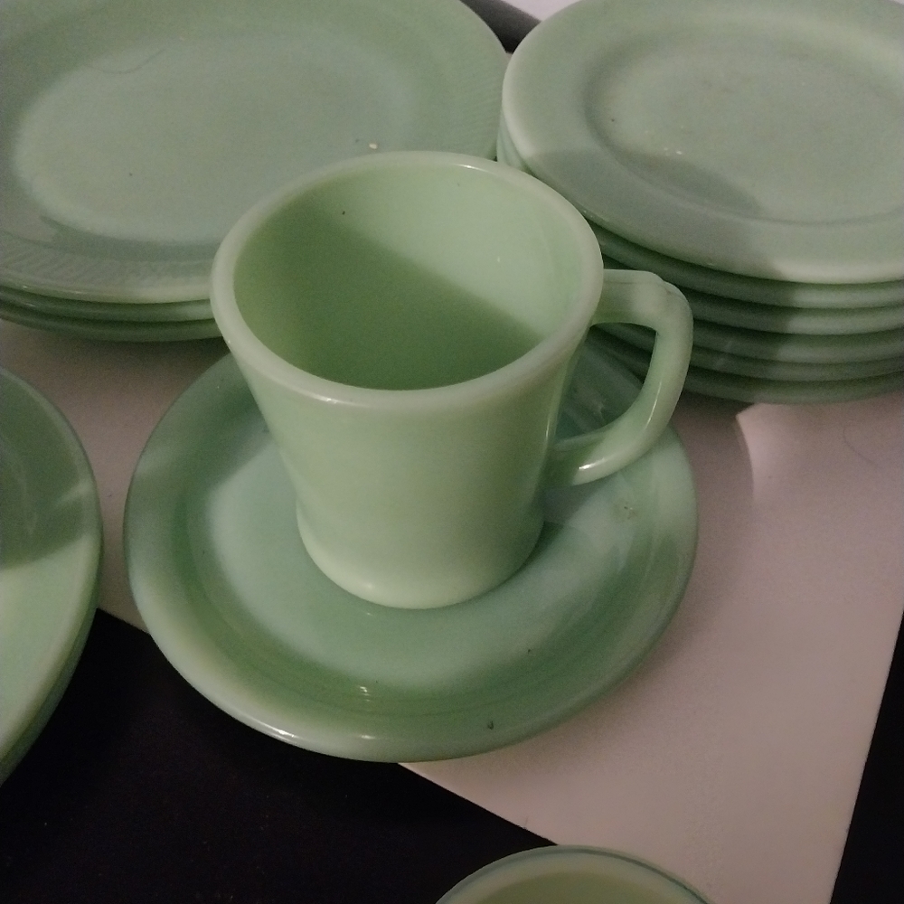 Jadeite by Anchor Hocking D handle cup and bread and butter plate